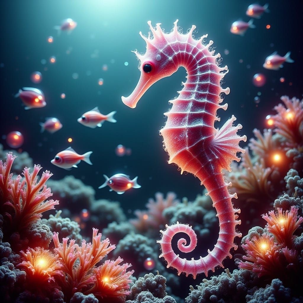 Dreamy Enchantment: Vibrant Coral Reef with Glowing Seahorse