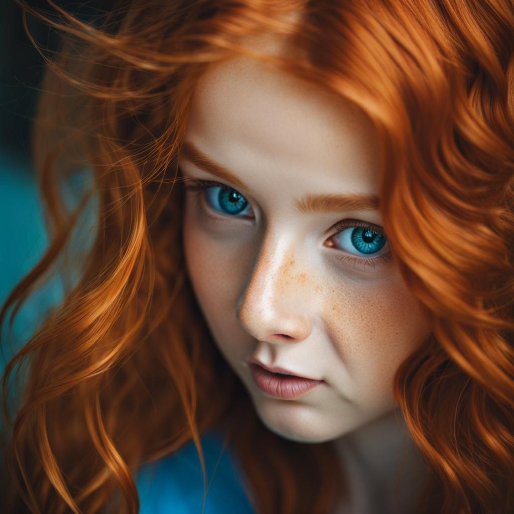 Portrait of a Girl with Ginger Hair and Freckles
