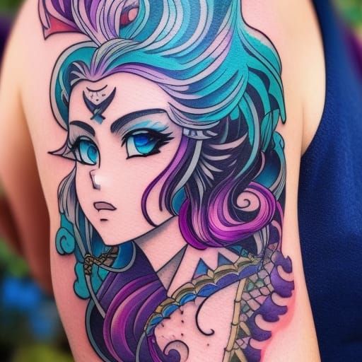 Anime Mermaid Tattoo in Neo-Traditional Style