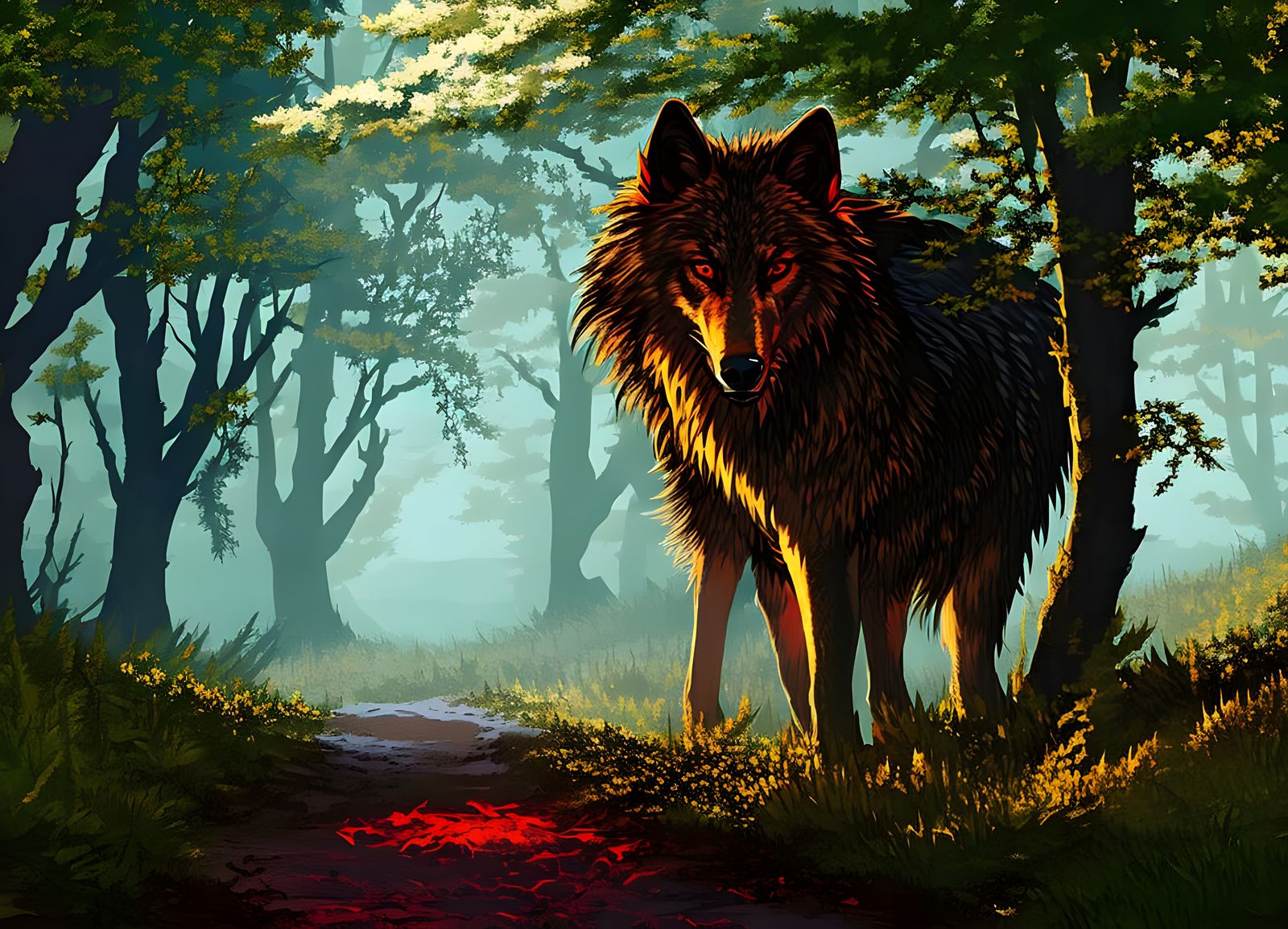 Menacing Wolf with Glowing Eyes in Dark Woods