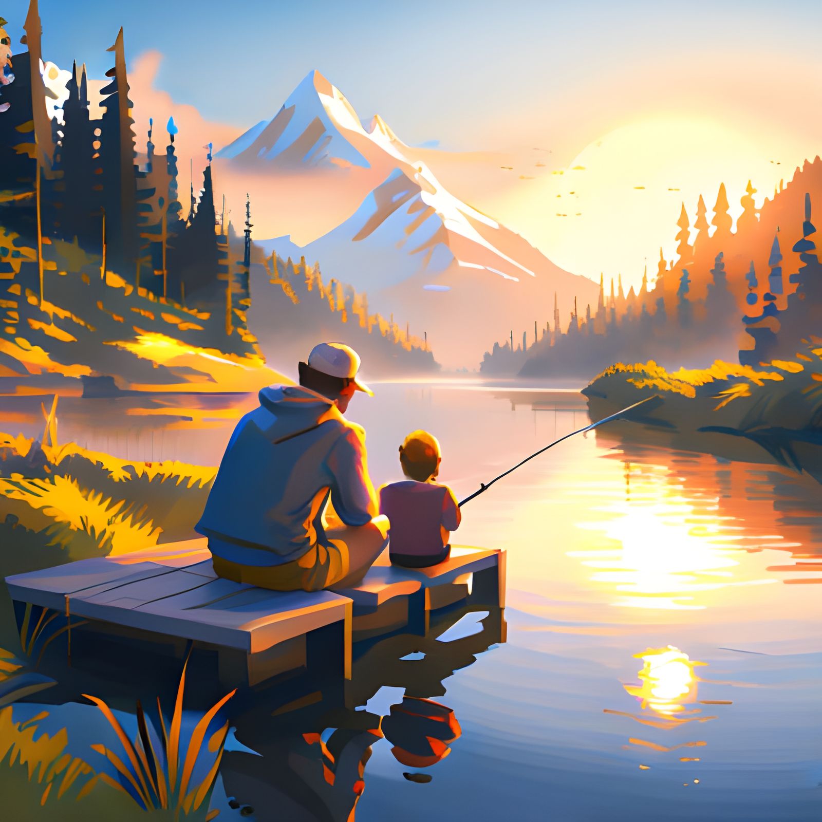Father and Son Fishing: 3D Art Rendering