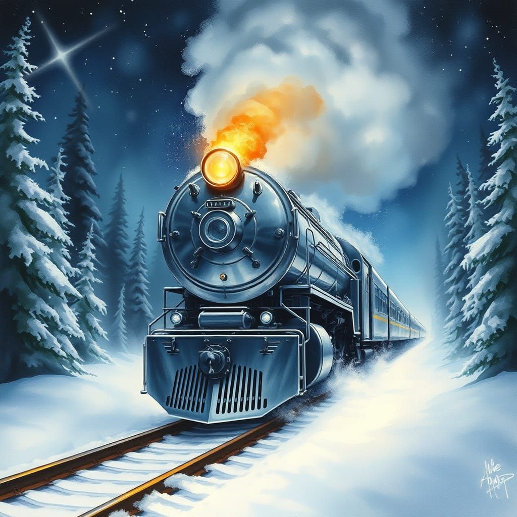 Winter Train Speeds Through Snowy Forest in Vibrant Watercol...