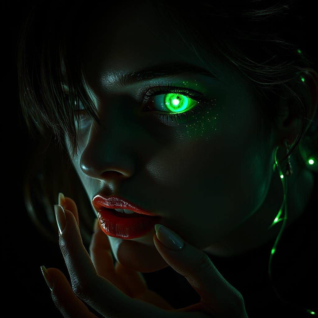 Mysterious Vampire Goddess in Neon Green Bioluminescence