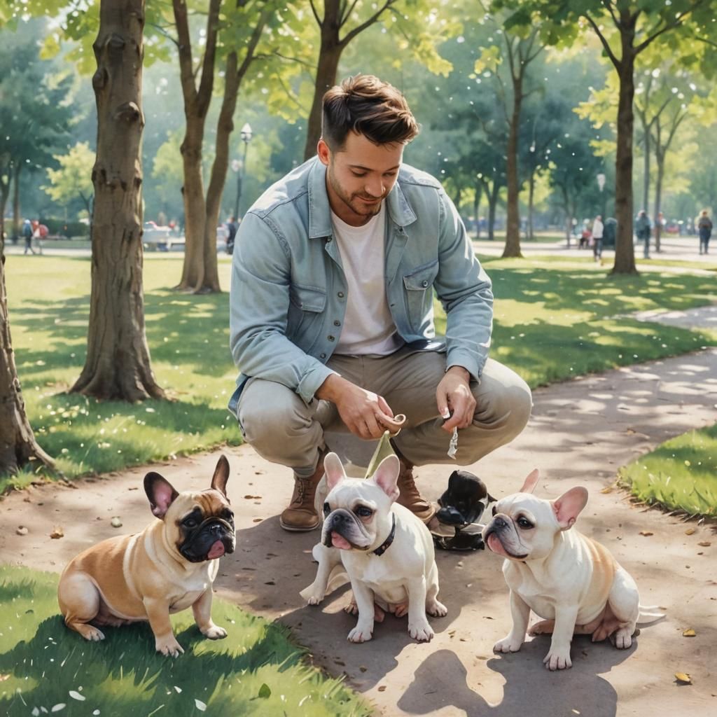 Man Plays with French Bulldogs: Watercolor Illustration