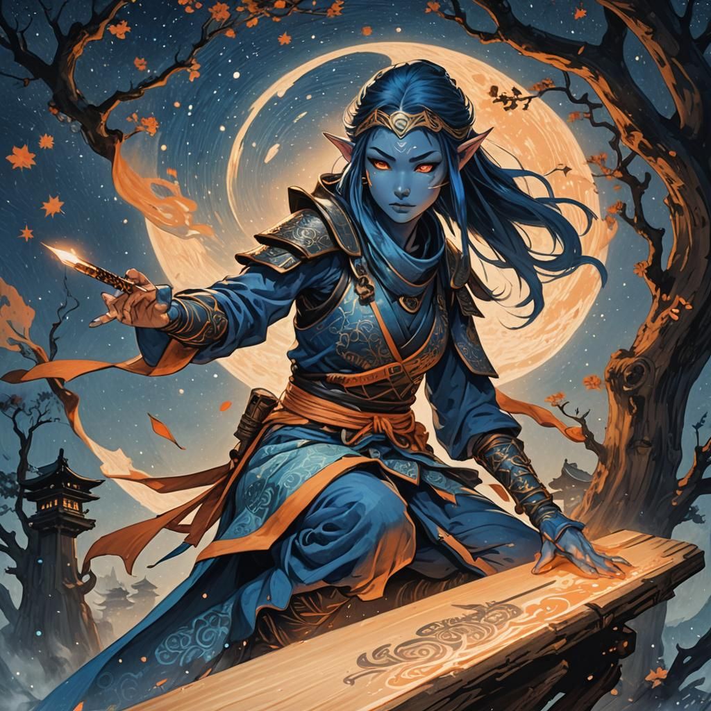 Blue Elf Ninja Carving Woodblock Print in Art Nouveau Style