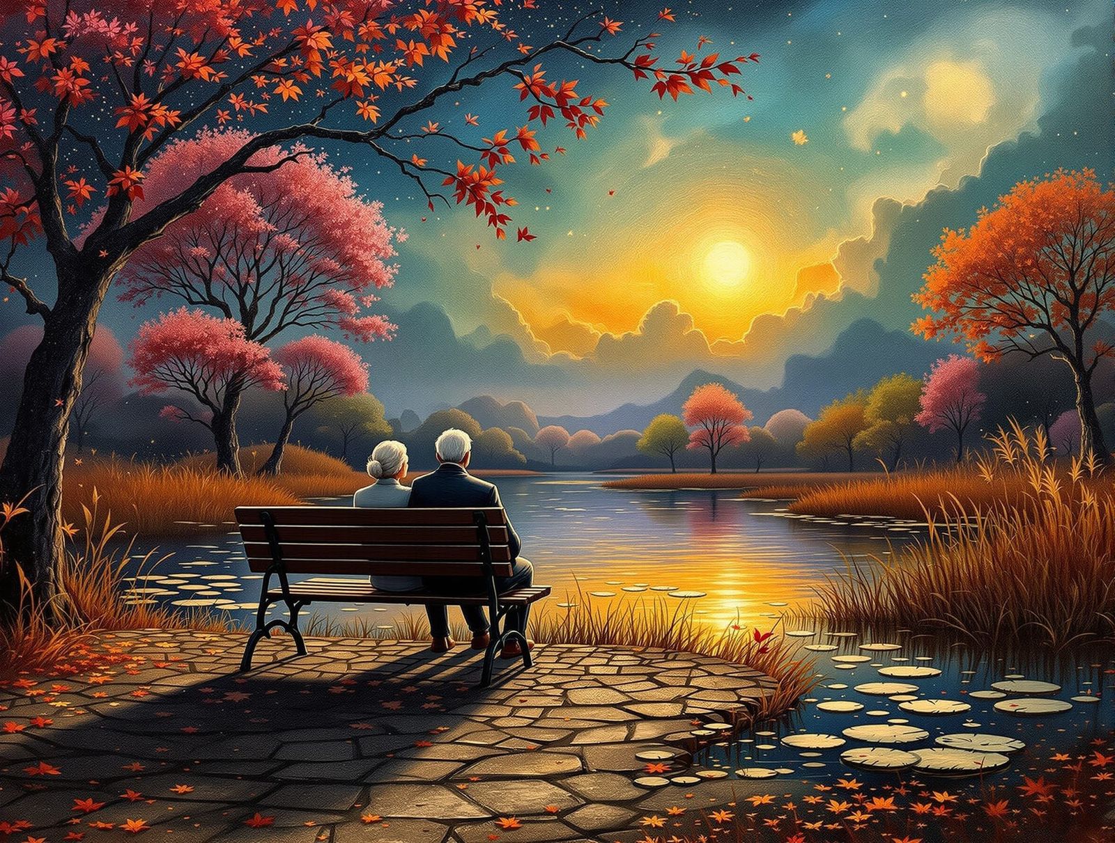 Whimsical Caricature of Couple in Autumn Park as Mixed Media...