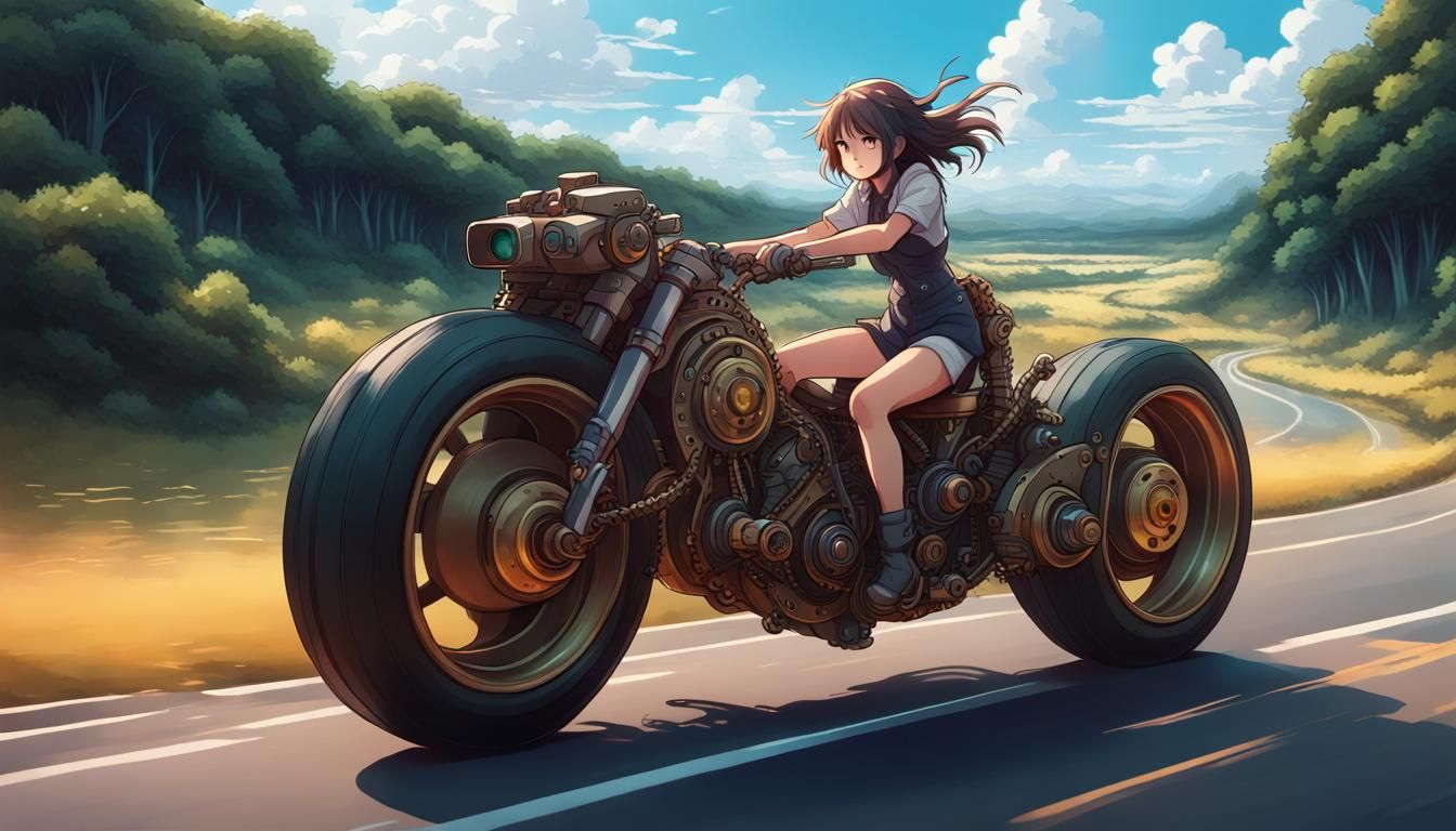 Girl Rides Steampunk Wheel in Cyberpunk 2099