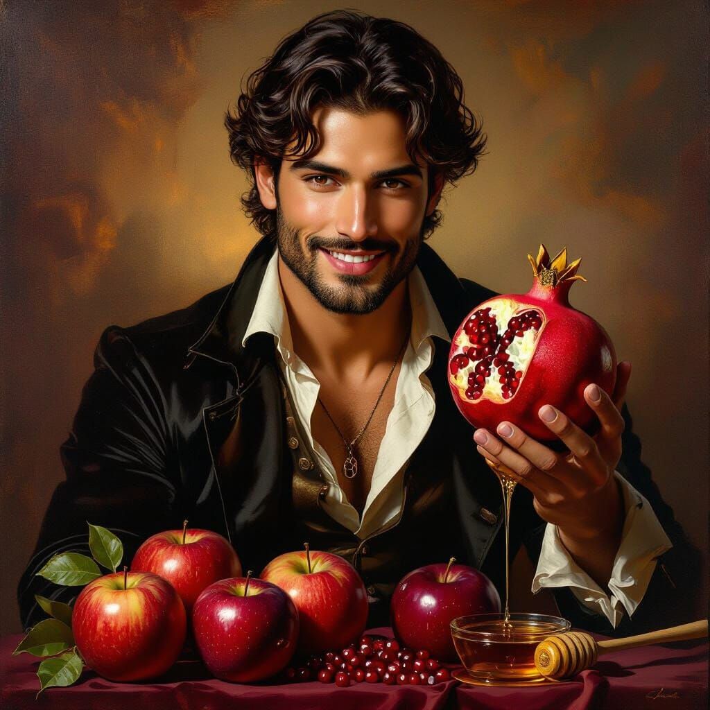Elegant Man with Pomegranate, Apples, and Honey