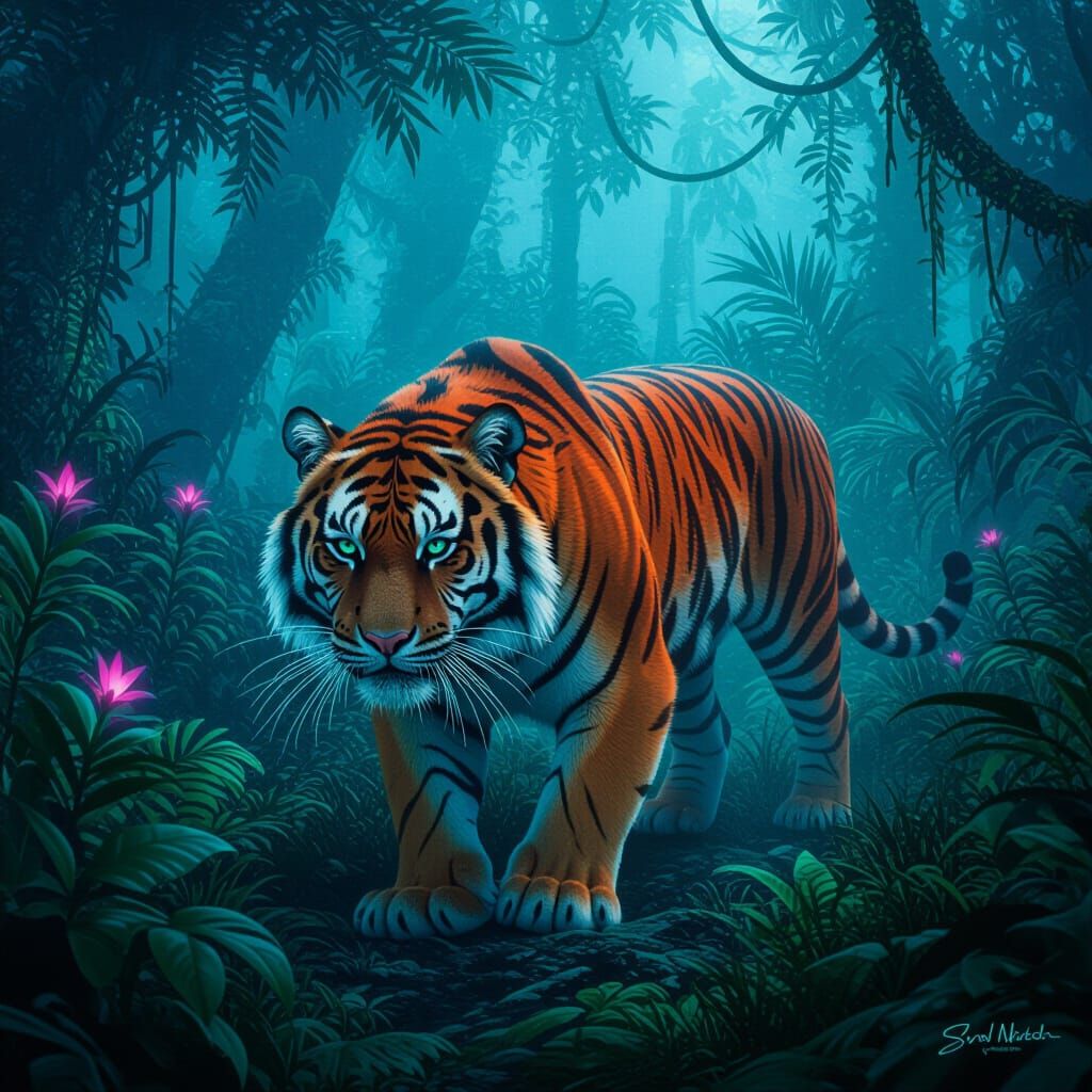 Bioluminescent Tattooed Tiger in Alien Jungle: Moebius Style