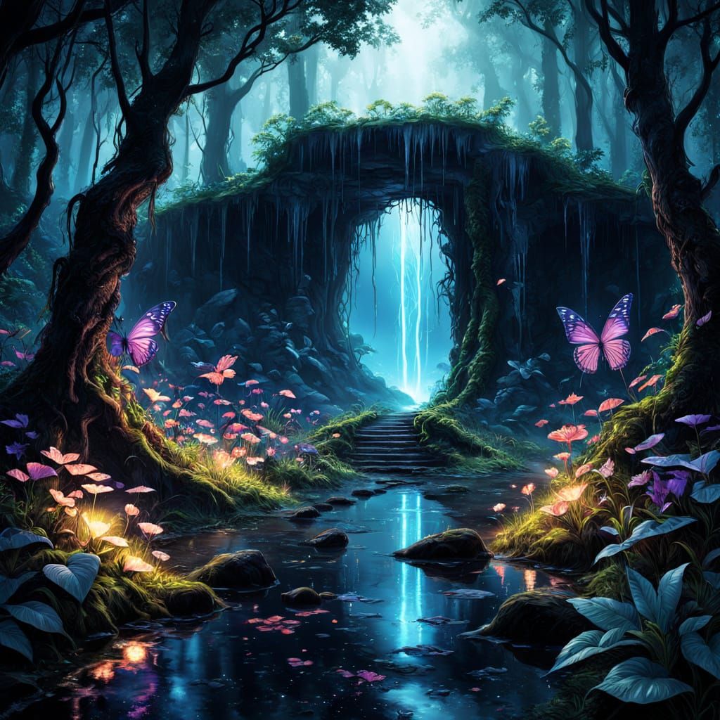 Enchanted Forest Portal with Bioluminescent Flora