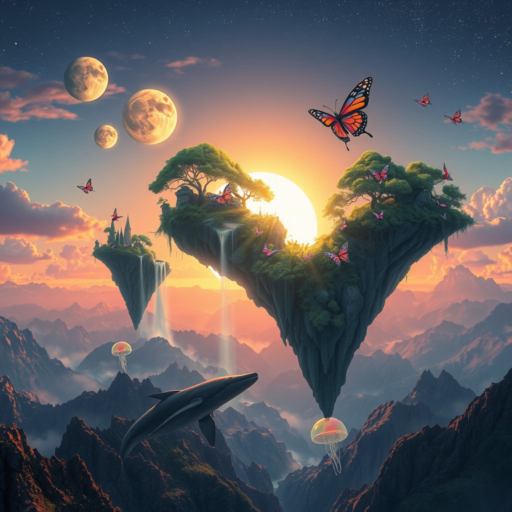 Floating Islands with Dragons at Sunset