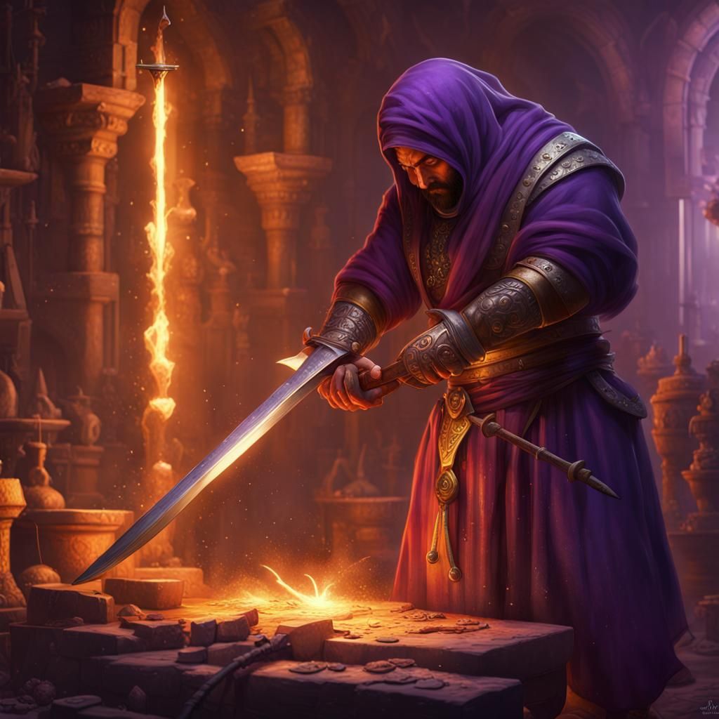 Indian Weaponsmith Forging Sword: Dark Fantasy Art