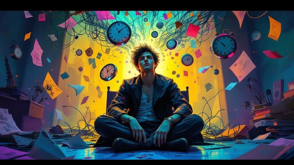 Surreal Portrait of a Man with Orbiting Thoughts