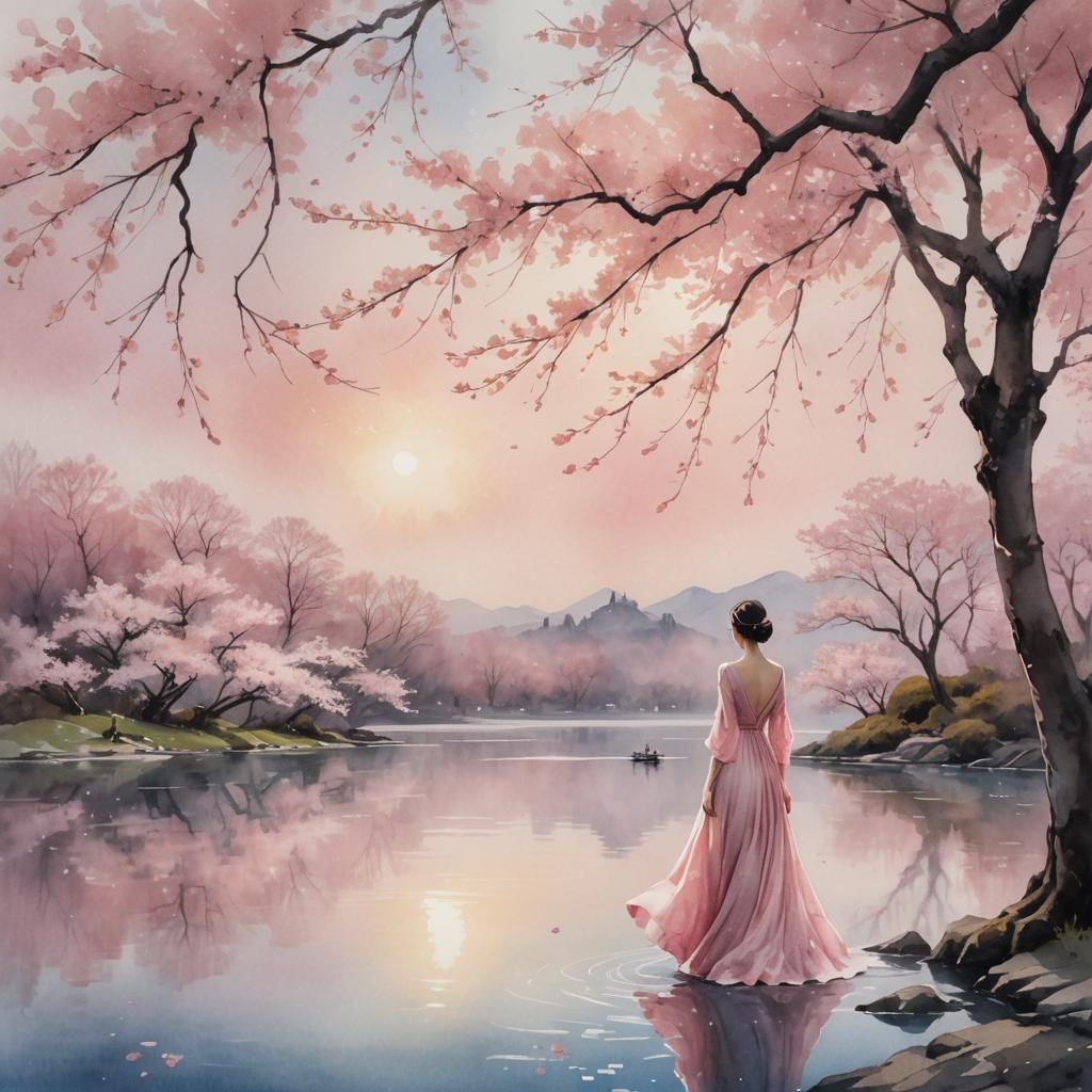 Dreamy Surreal Landscape with Floating Cherry Blossoms