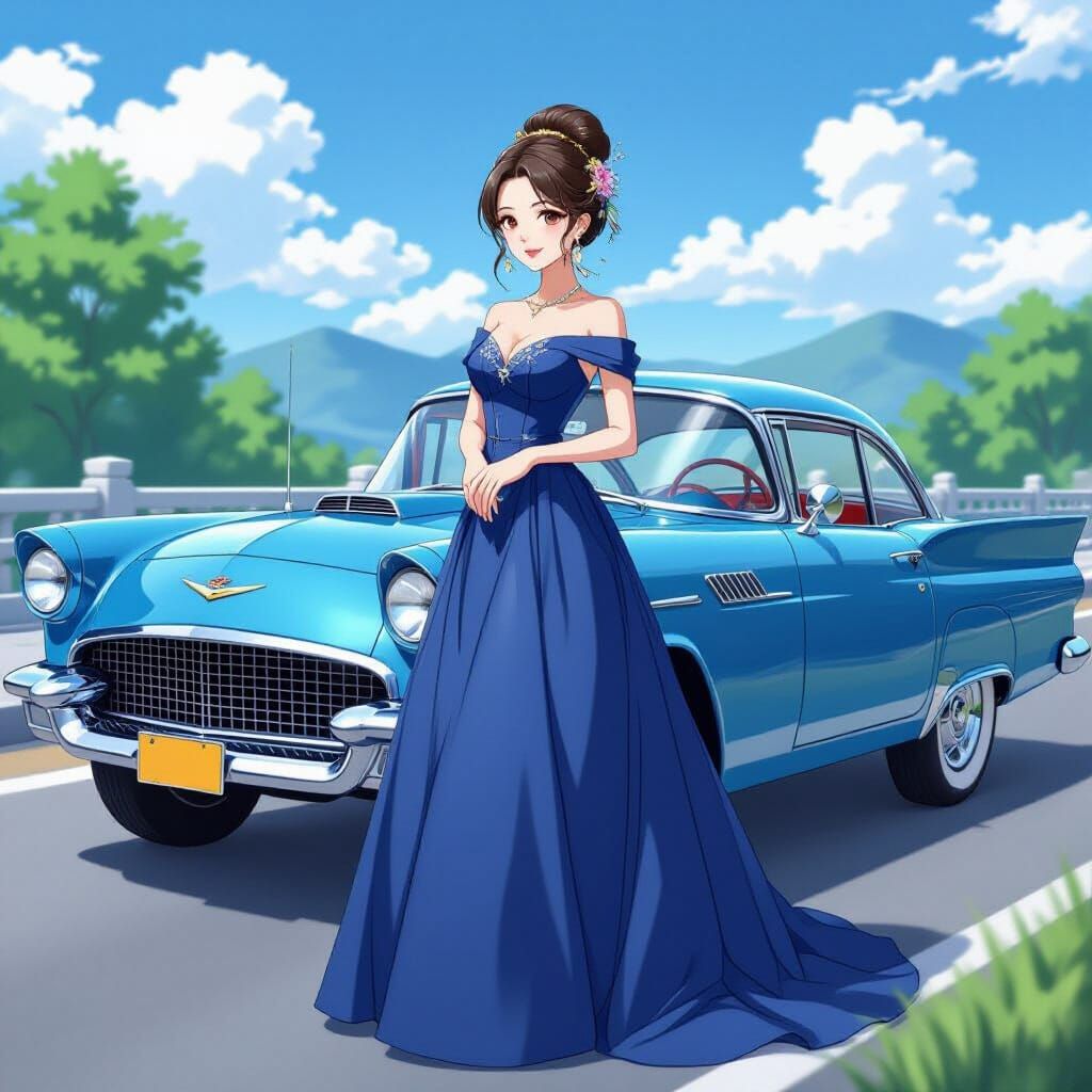 Anime Chinese Woman in Blue Gown with Classic Car