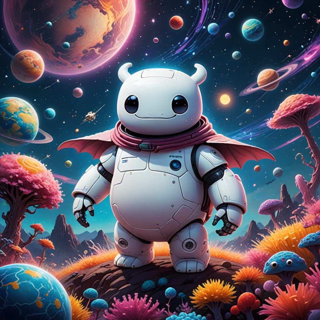 Baymax in Whimsical Axolotl Costume Devours a Vibrant Planet
