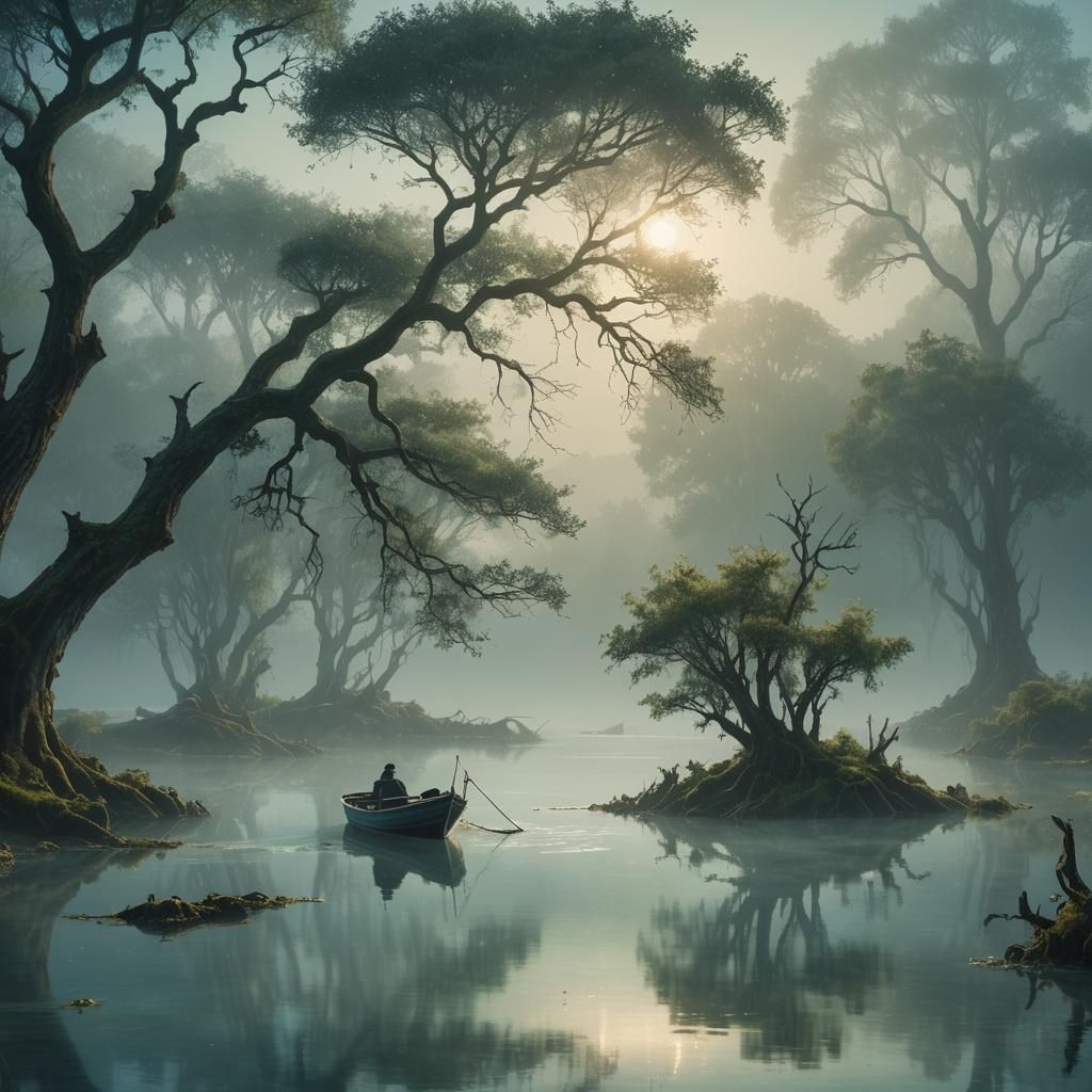 Misty Lagoon: Romantic Landscape Matte Painting