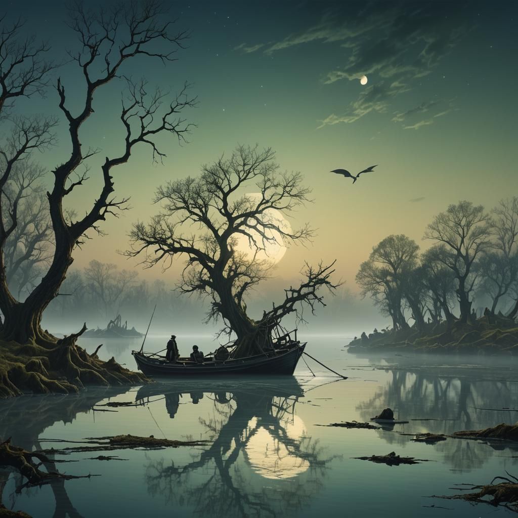 Mystical Moonlit Lagoon in Romantic Style