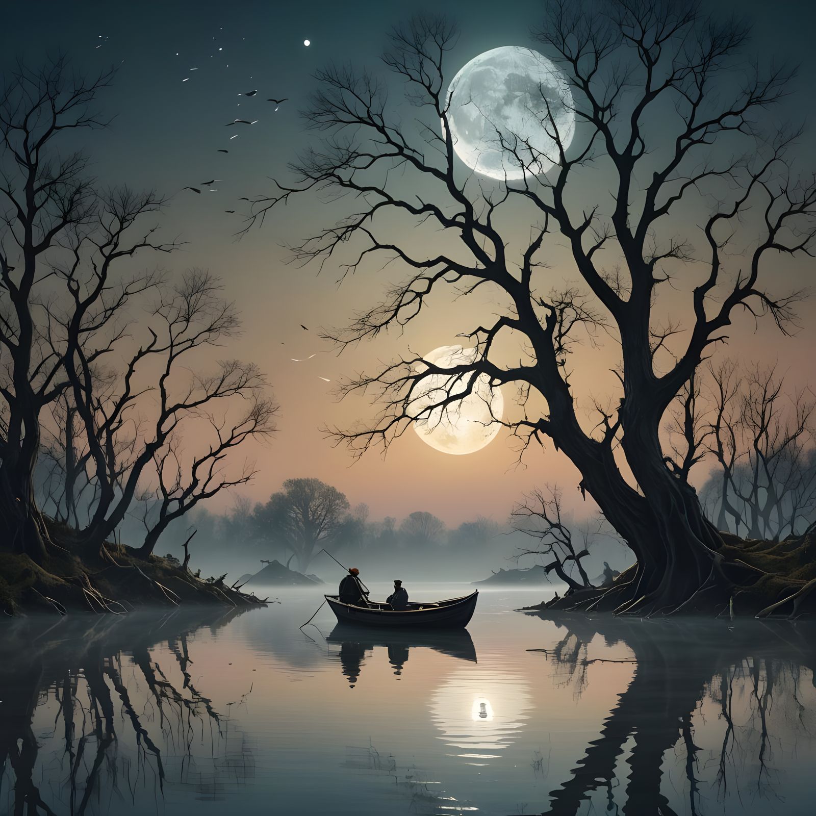 Mystical Moonlit Lagoon Landscape in Romantic Style