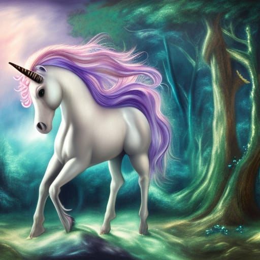 Elegant Unicorn in Forest: Digital Airbrush Fantasy Painting