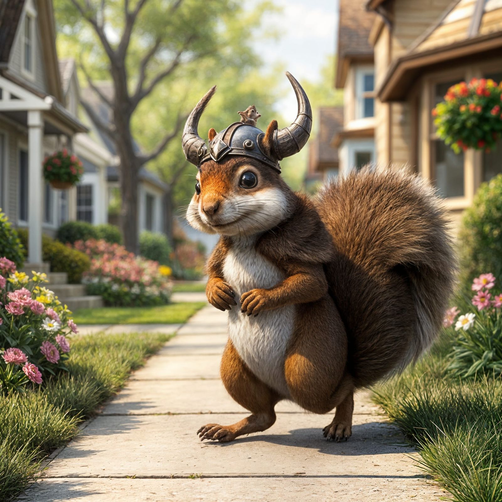 Viking Squirrel Smiles on Suburban Sidewalk
