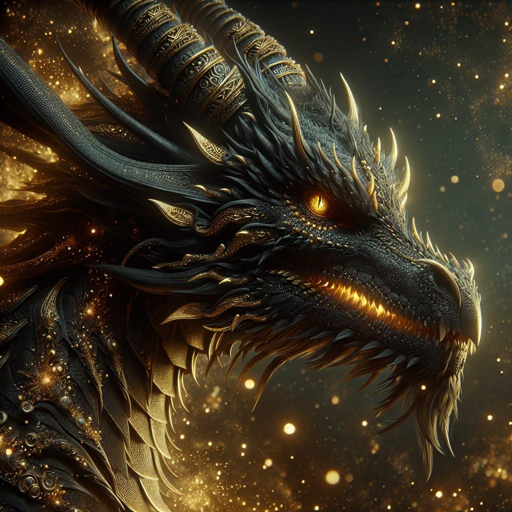 black dragon with gold scales and piercing amber eyes