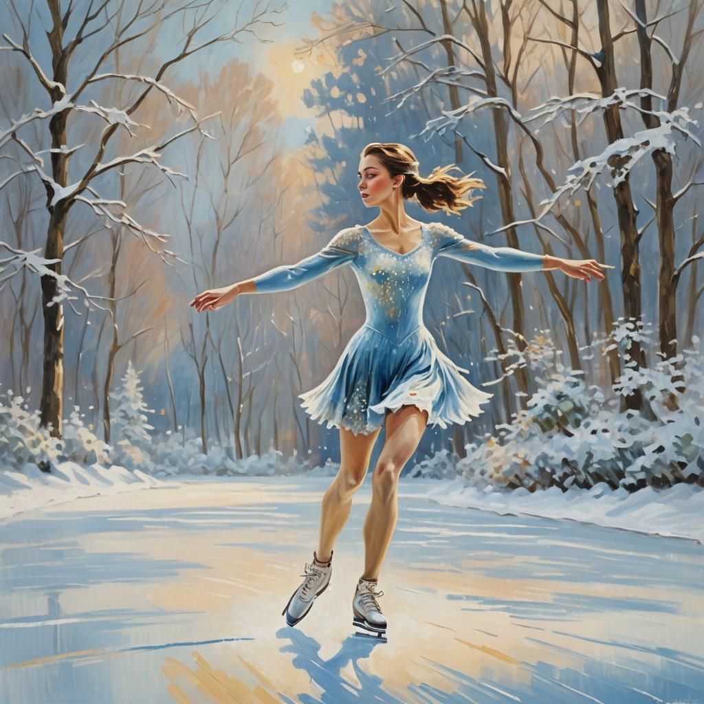 Figure Skater in Winter Wonderland, Impressionist Art