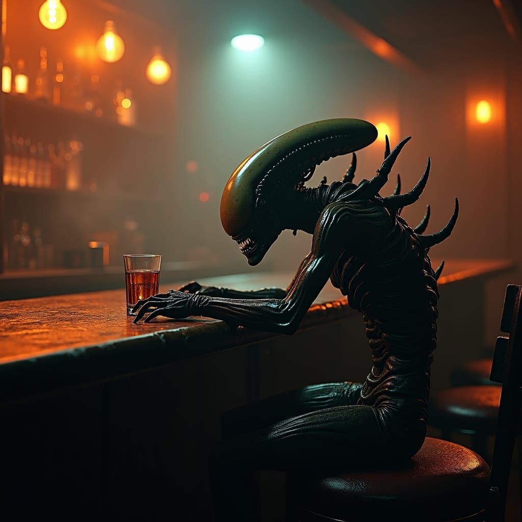 Xenomorph's Despair: Alien in a Dimly Lit Bar
