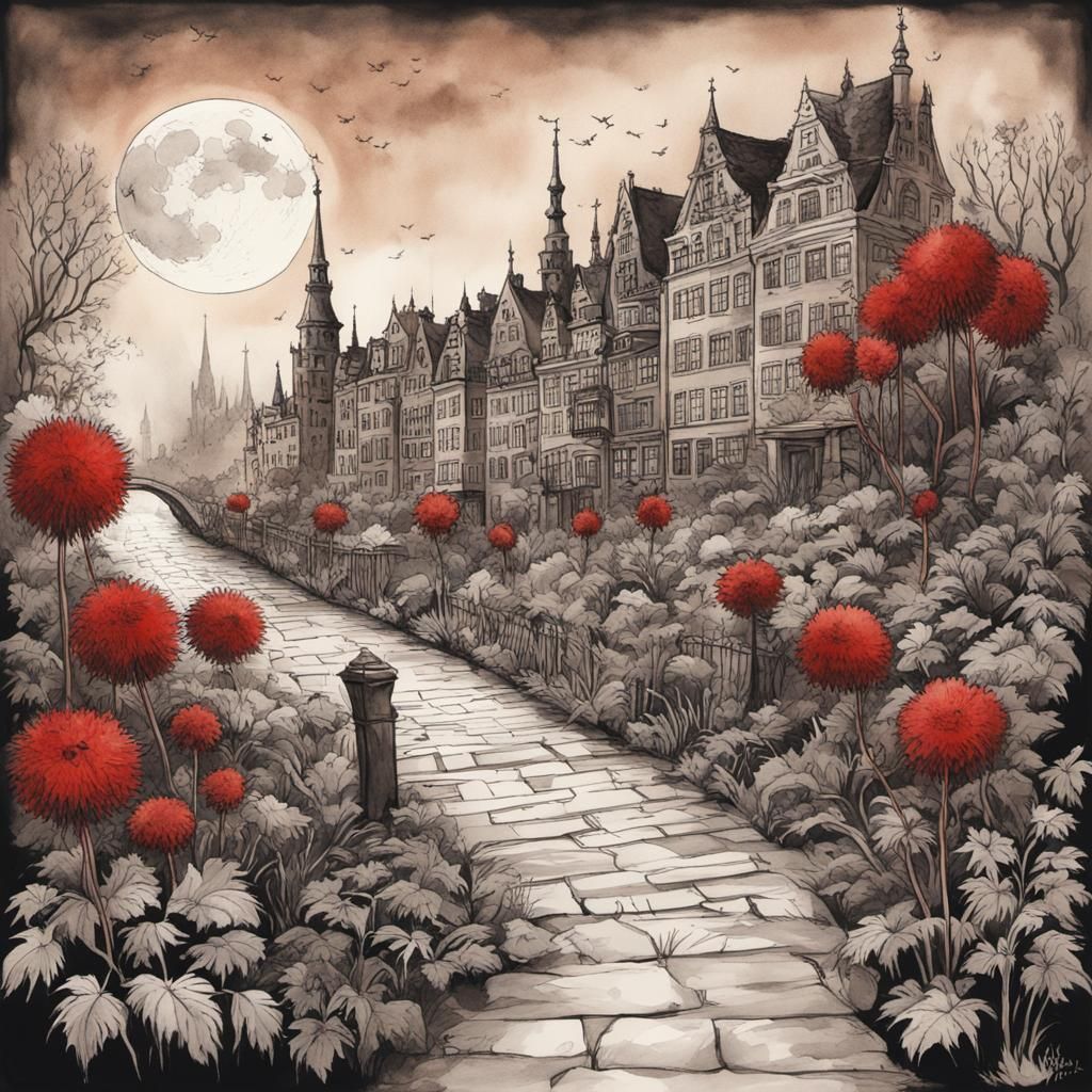 Botanical Ink Drawings of a city park with botanical Flowers.