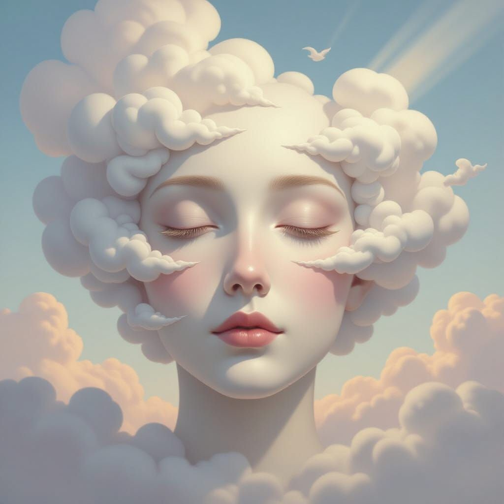 Ethereal Cloud Face in Pastel Sky Surrealist Painting