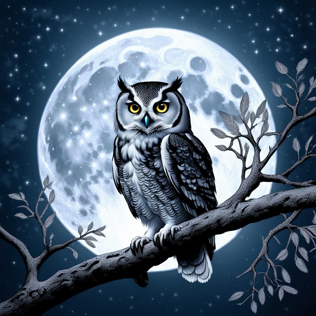 Moonlit Owl Perched on Branch at Night
