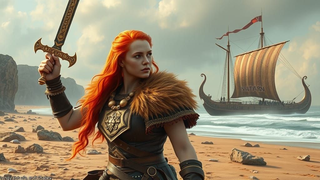 Viking Warrior Queen in Combat Pose on Beach at Sunset