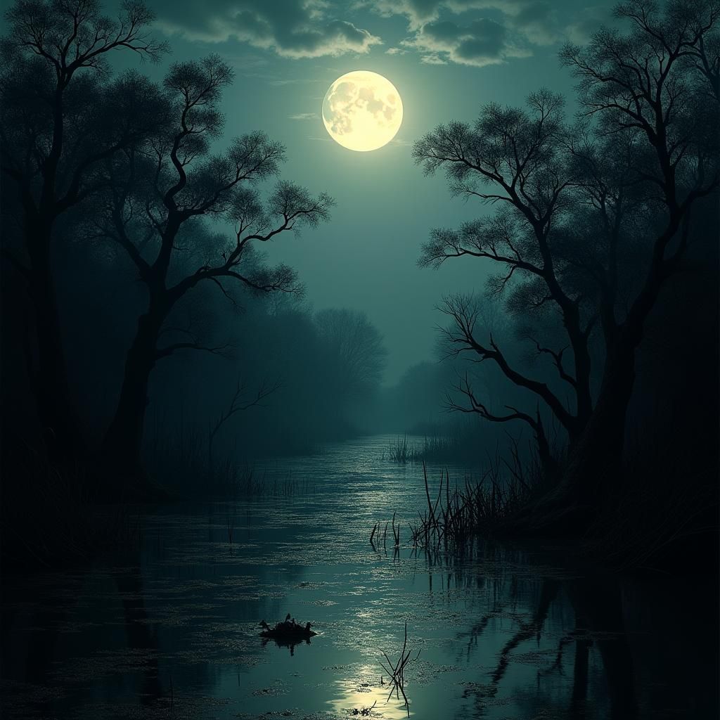 Ethereal Moon Glows Over the Everglades as Dark Etching
