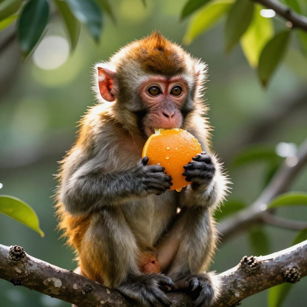 Hyperrealistic Monkey Eating Orange in Tree