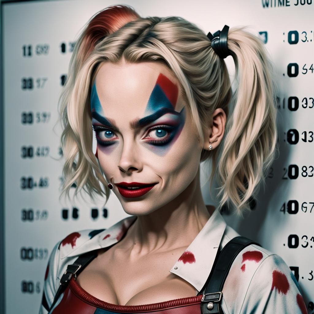 Harley Quinn Mugshot Winking in Digital Painting