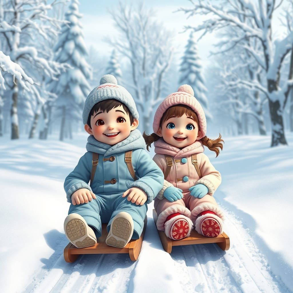 Winter Wonderland with Joyful Children in Anime-Inspired Art