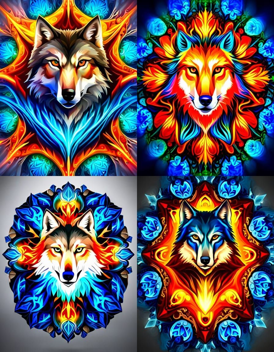 Fiery Wolf Mandala in Splash Art Style