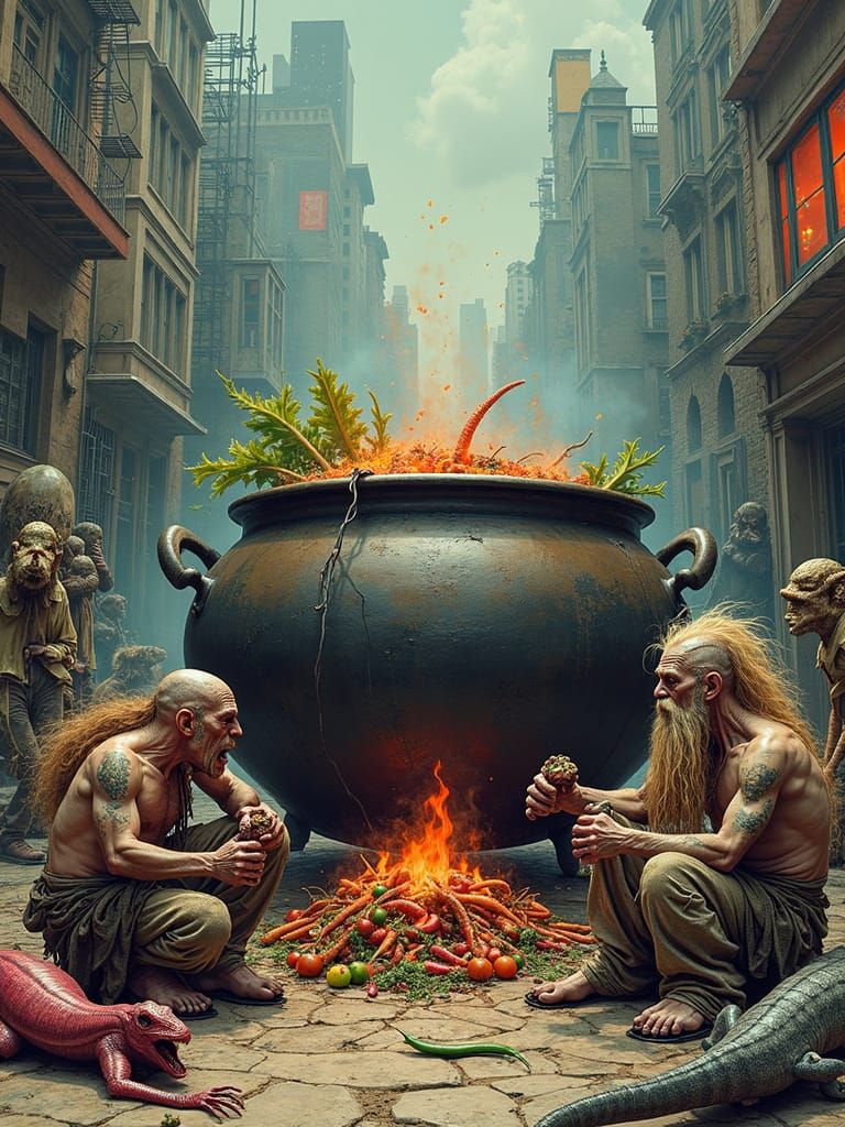 Dystopian Feast: Degraded Humans in Lowbrow Art Style