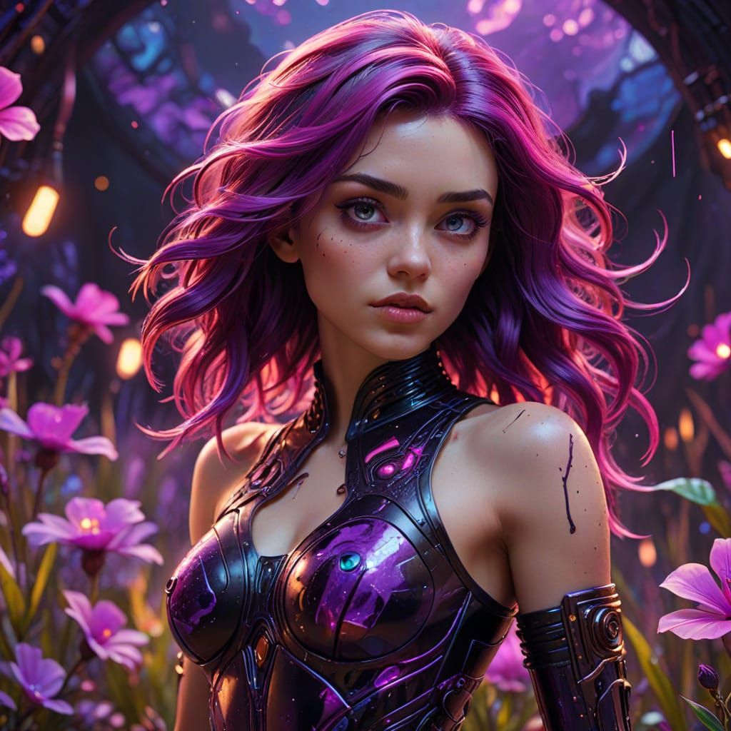 Cyberpunk Woman with Violet Eyes in Neon Meadow