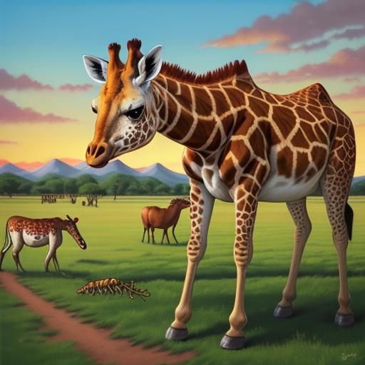 Surreal Giraffe and Mouse Racetrack, Vibrant Oil Painting
