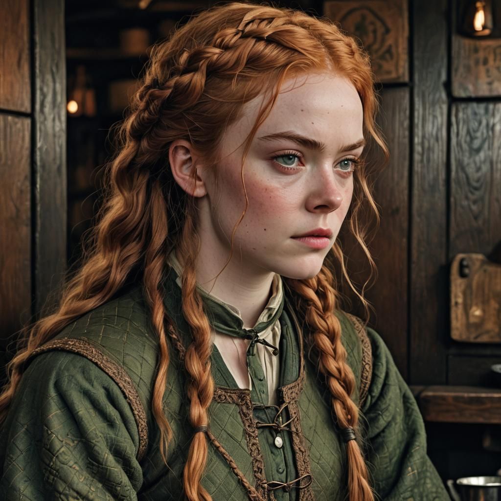 Sad Redhead in Medieval Tavern, Hyperrealistic Image