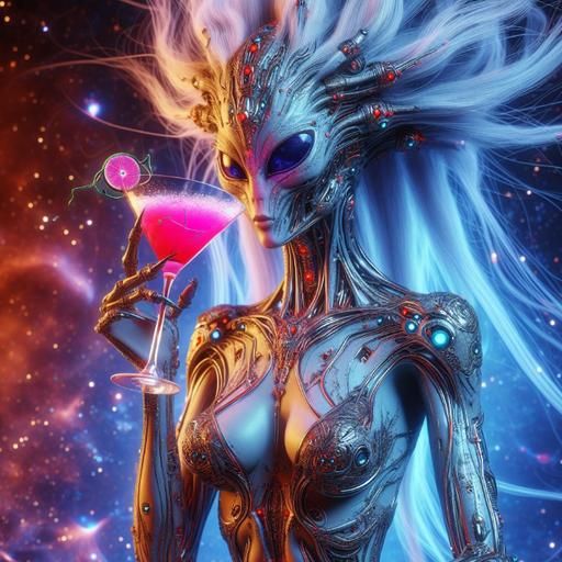 Cyberpunk Alien Woman with Cosmic Martini