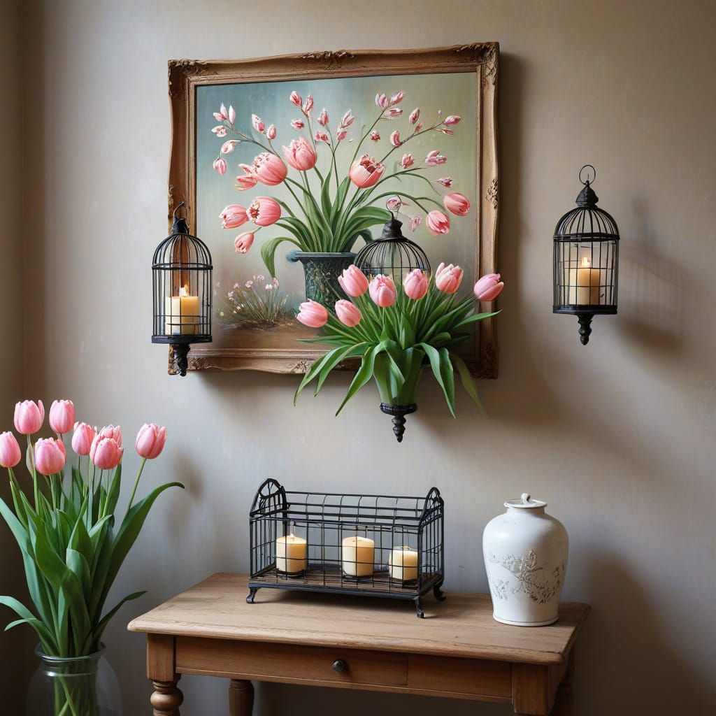 Vintage Nook with Birdcage Candlesticks and Tulips
