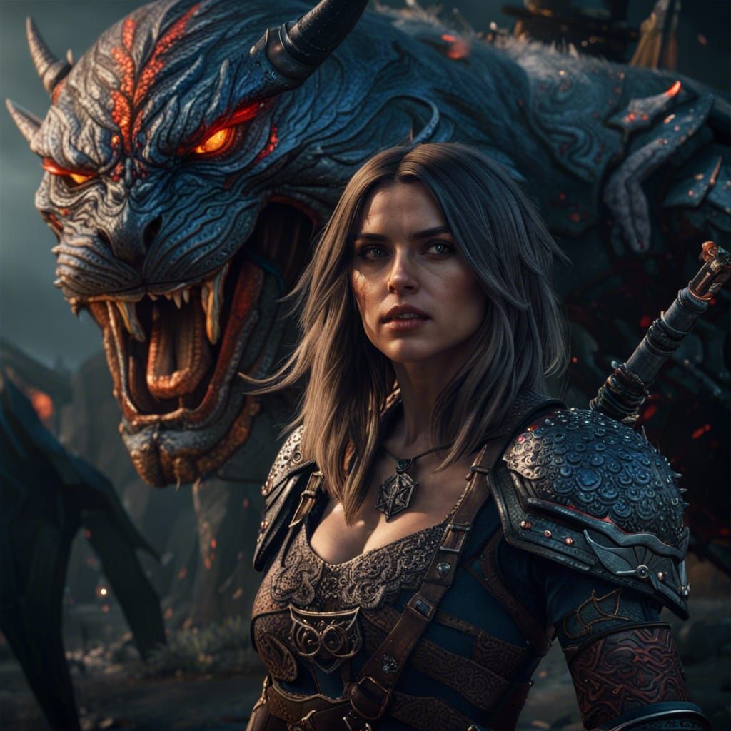 Ana De Armas, monster hunter, with his felow companion