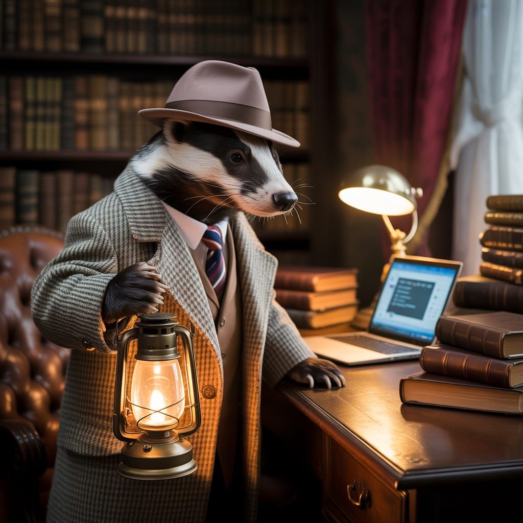 Badger Detective in Cozy Study Photograph
