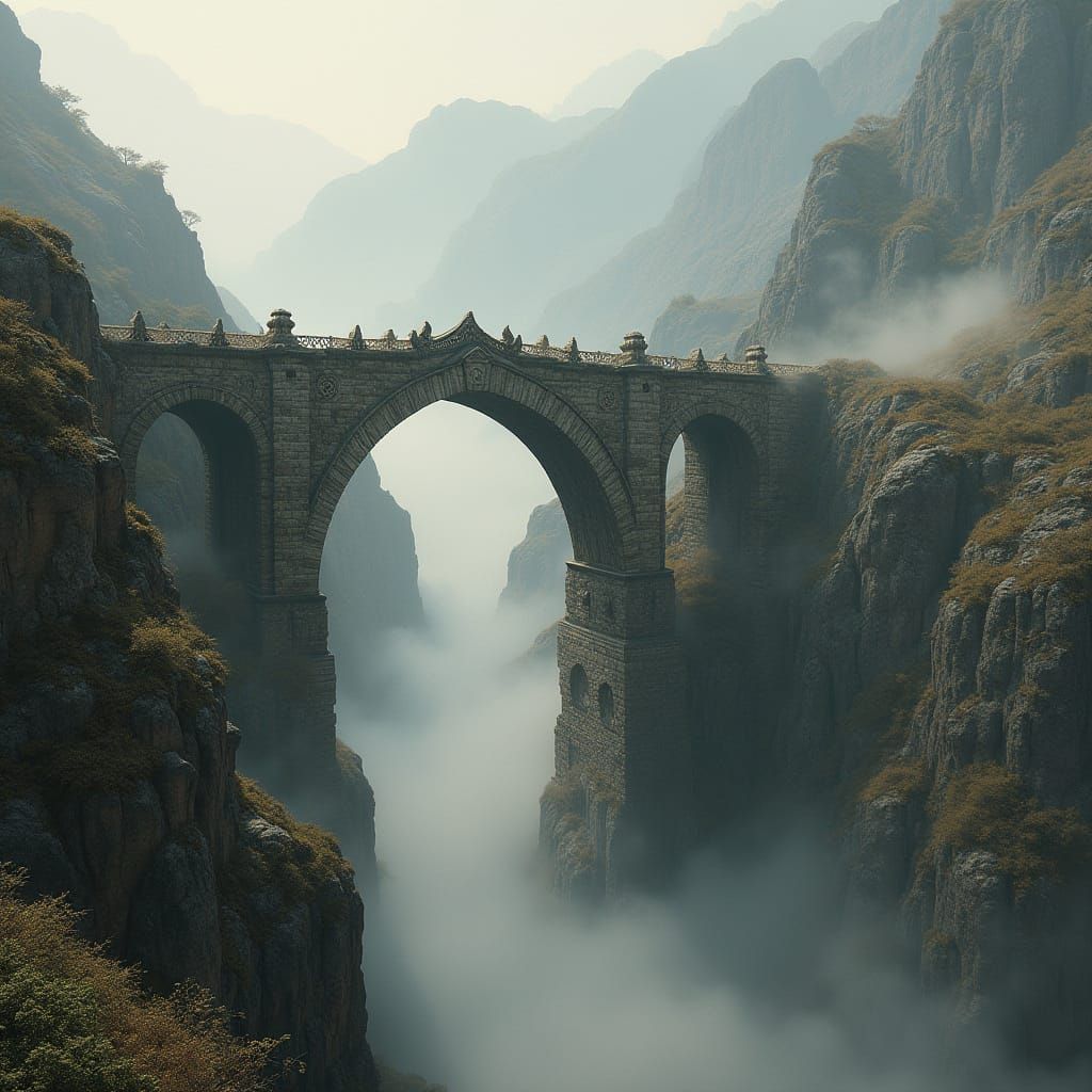 Ancient Stone Bridge in a Misty Mountain Gorge