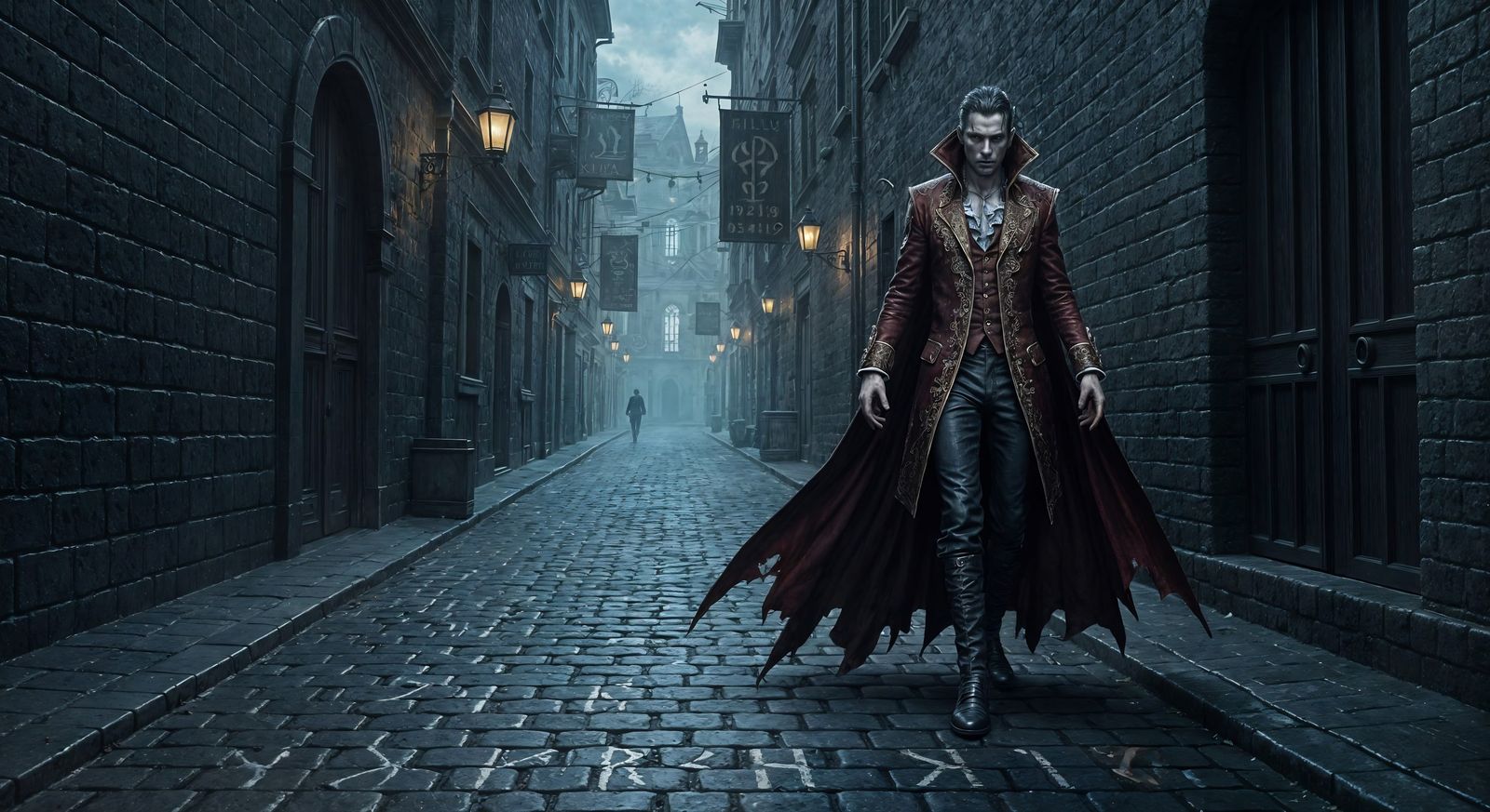 Spectral Vampire in Gothic Alleyway with Ethereal Light