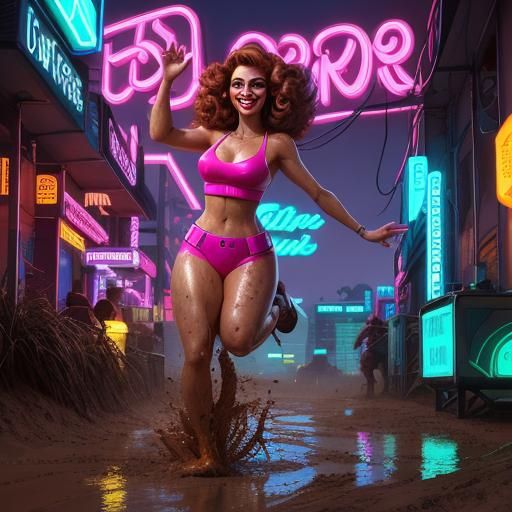 Cheerful Woman Hopping Through Mud in Synthwave Style