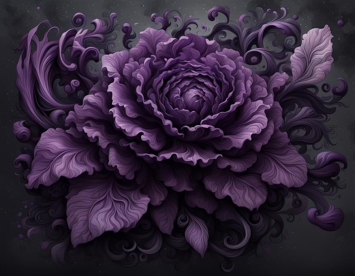 Purple Ink Cabbage on Dark Grey: Digital Matte Painting