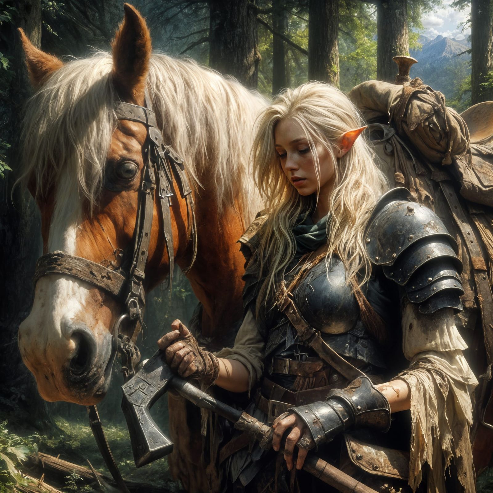 Majestic Elf Warrior and Clydesdale in Tenebrism Oil Paintin...